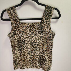 Pleat Pleat Sleeveless Shirt - Tan with Green Design, Size S